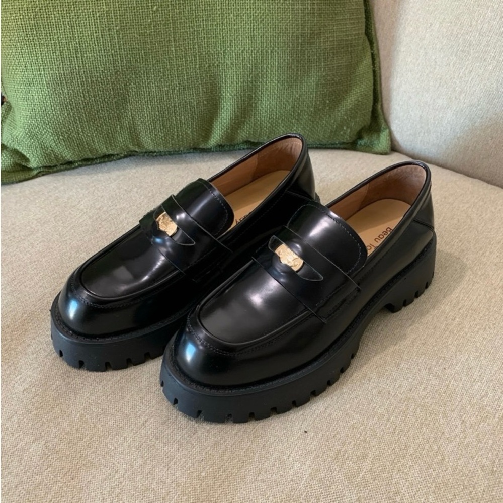Black Chunky Patent Leather Loafers with Gold Hardware / platforms - Picture 8 of 9